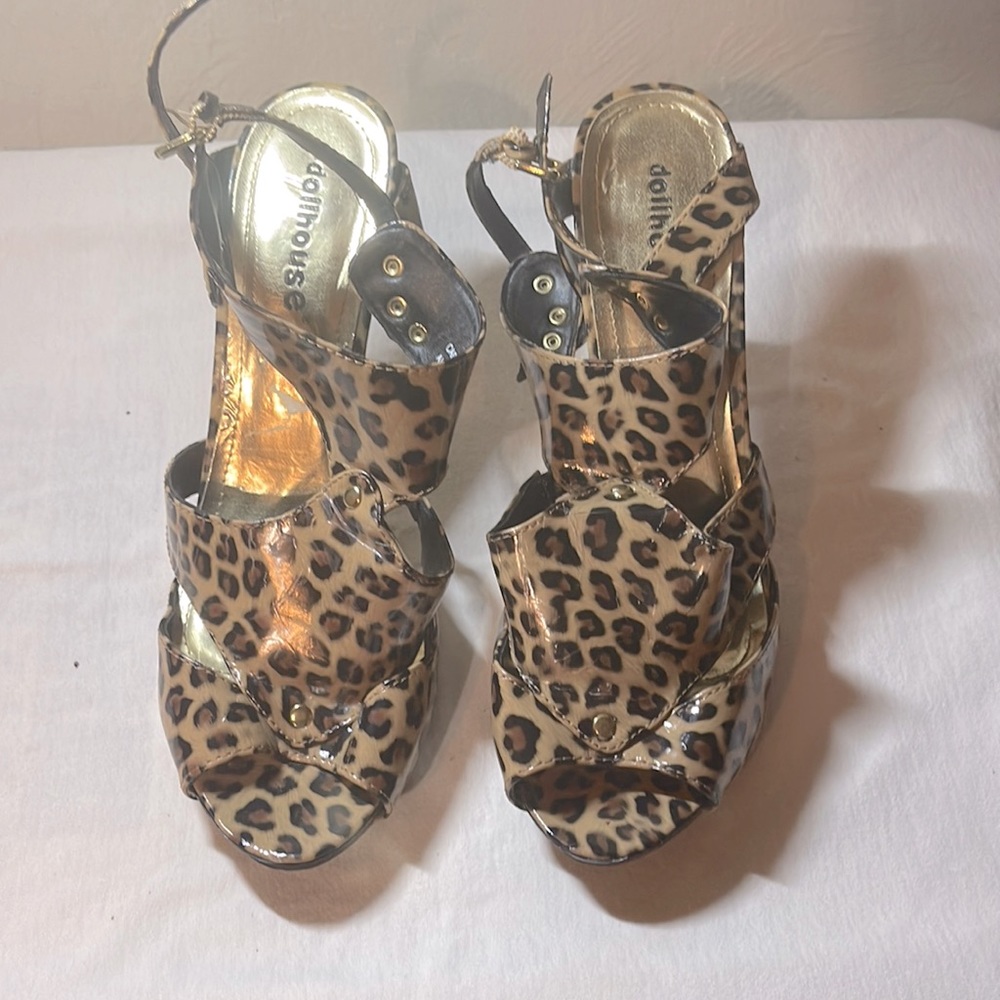 Leopard Print Open-Toe Women's Heels - Gold Accents